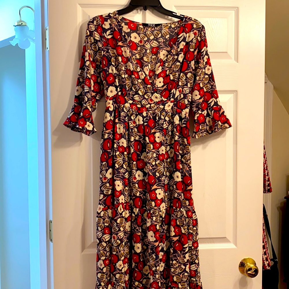 Adorable, Flowy Floral Faux Wrap Maxi, Bell Sleeve